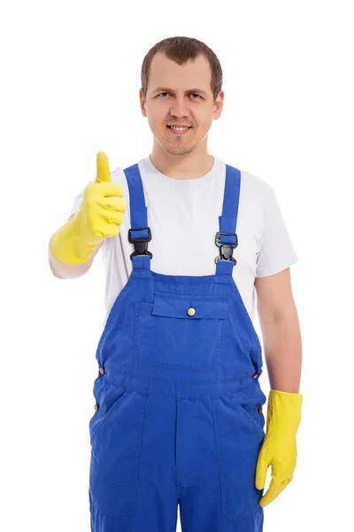 Portret Męskiego Czyściciela Niebieskim Mundurze Żółtych Rękawiczkach Kciuki Góry Białym — Zdjęcie stockowe