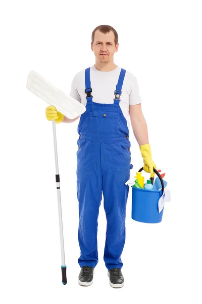 Full Length Portret Van Jonge Mannelijke Reiniger Blauw Uniform Gele — Stockfoto