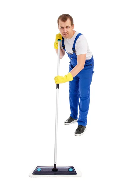 Professional Cleaning Service Concept Full Length Portrait Man Cleaner Blue — Stock Photo, Image