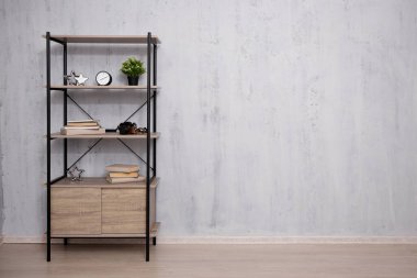 Kitapları ve bitkileri olan raflar - beton duvar arkaplanı üzerine kopyalama alanı