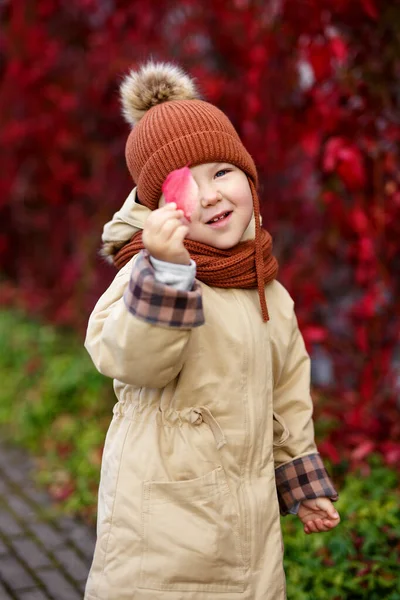 Cute Little Girl Pokrycie Oka Czerwonym Liściem Jesieni — Zdjęcie stockowe
