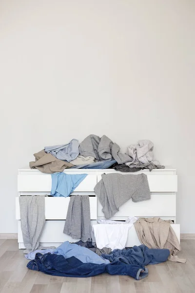 Chest Drawers Pile Dirty Laundry Living Room Copy Space Grey — Stock Photo, Image