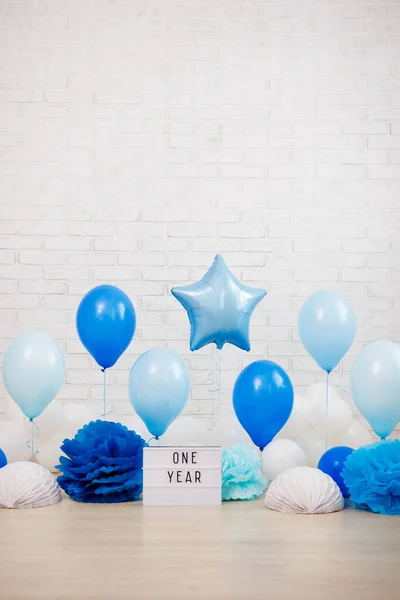 Bebê Menino Primeira Festa Aniversário Decoração Balões Bolas Papel Lightbox — Fotografia de Stock