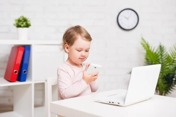 Childhood Education Technology Concept Cute Little Girl Laptop Smart Phone — Stock fotografie