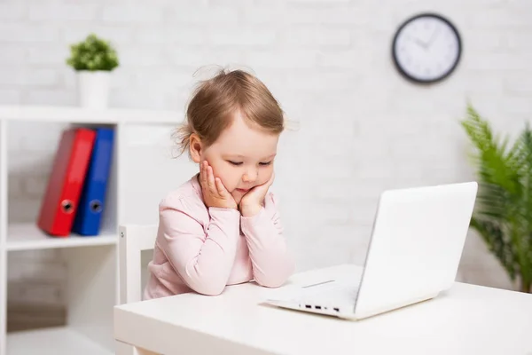 Childhood Education Business Technology Concept Cute Thoughtful Little Girl Using — Stock Photo, Image