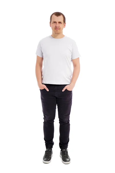 Full Längd Porträtt Ung Stilig Man Vit Shirt Isolerad Vit — Stockfoto