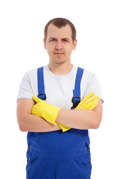 Retrato Limpiador Masculino Uniforme Azul Guantes Amarillos Posando Aislados Sobre — Foto de Stock