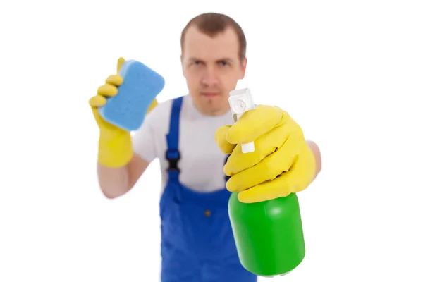 Férfi Tisztító Kék Egyenruha Tisztító Ablakban Törlőkendő Mosószer Spray Izolált — Stock Fotó
