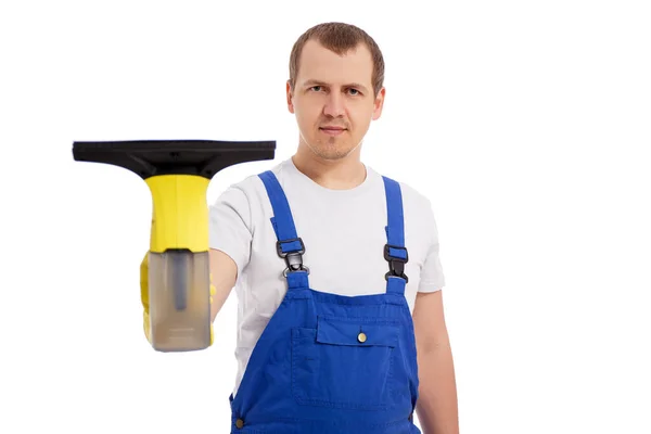 Portrait Handsome Man Cleaner Uniform Cleaning Window Professional Equipment Isolated — Stockfoto