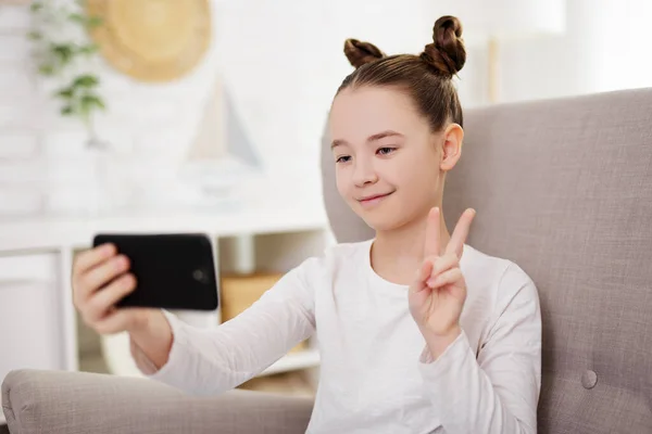 Technology Social Media Internet Concept Portrait Cute School Girl Taking — Zdjęcie stockowe