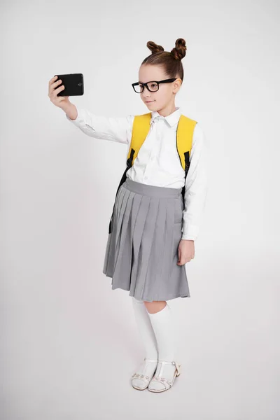 Full Length Portrait Cute Preteen Girl School Uniform Eyeglasses Taking — Zdjęcie stockowe