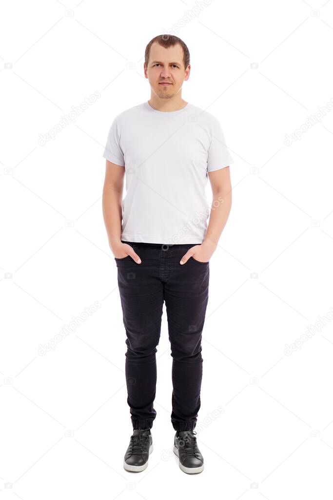 full length portrait of young handsome man in white t-shirt isolated on white background