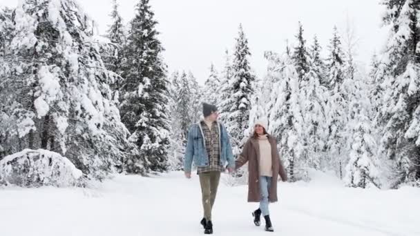 Счастливая Милая Влюбленная Пара Гуляющая Зимнем Лесу — стоковое видео