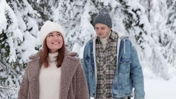 爱情与幸福的概念 幸福的夫妻在冬天的森林里散步拥抱 — 图库视频影像