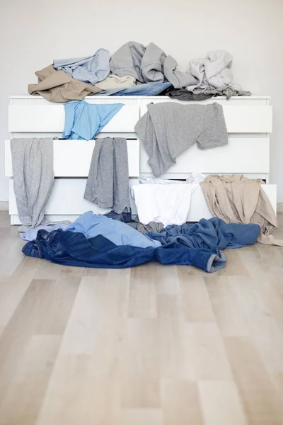 Pile Dirty Laundry Living Room Copy Space Wooden Parquet Floor — Stock Photo, Image