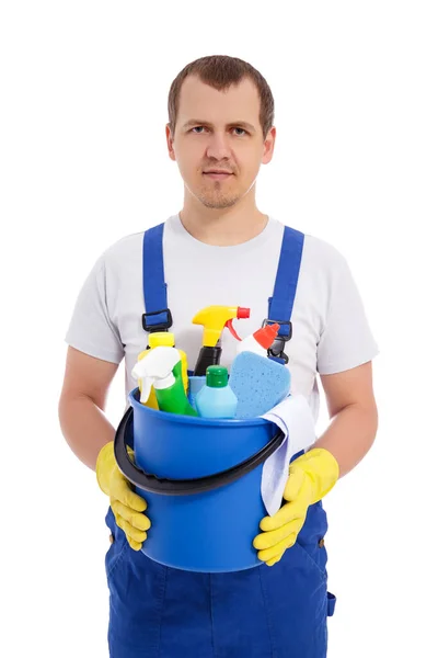 Huishoudelijk Werk Reinigingsconcept Portret Van Mannelijke Reiniger Blauw Uniform Gele — Stockfoto