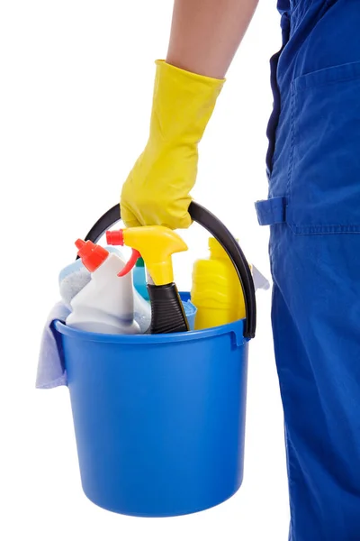 专业清洁概念 用白色底座隔离的清洁设备关闭男性手持桶 — 图库照片