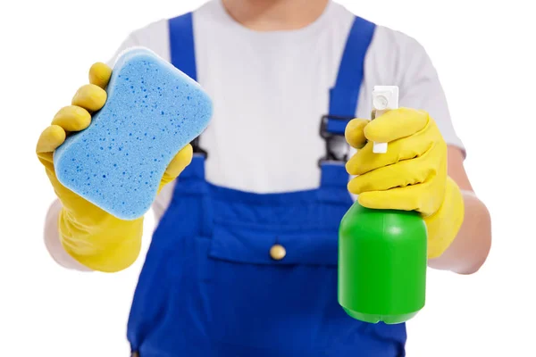 Koncepcja Usługi Sprzątania Wycieraczki Detergenty Profesjonalnych Czystszych Rękach Izolowane Białym — Zdjęcie stockowe