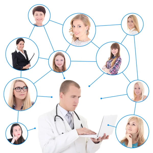 Social network concept - young male doctor with laptop and his p — Foto de Stock