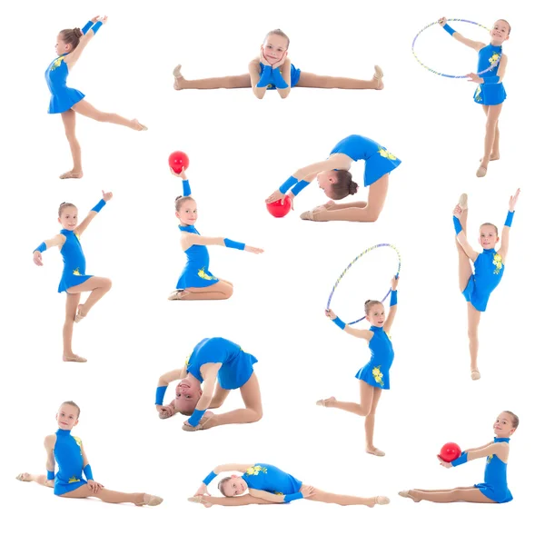 Collection of little girl in blue doing gymnastics isolated on w — Stock Photo, Image