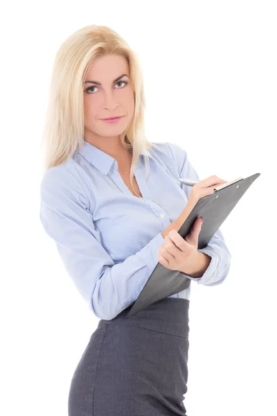 Mujer de negocios con carpeta aislada en blanco —  Fotos de Stock