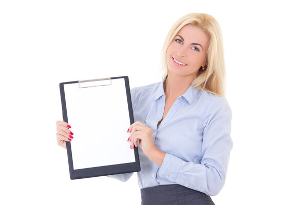 young business woman showing blank clipboard isolated on white