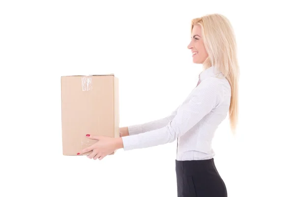 Business woman giving cardboard box isolated on white — Stock Photo, Image