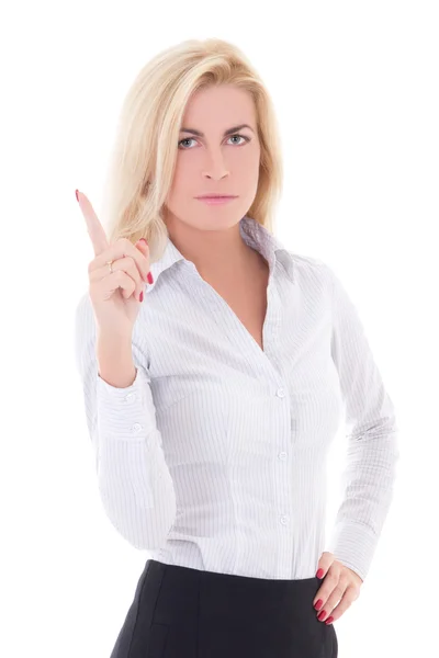Mujer de negocios señalando algo interesante contra b blanco — Foto de Stock