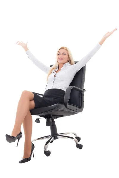 Young business woman sitting in office chair and celebrating suc — Stock Photo, Image