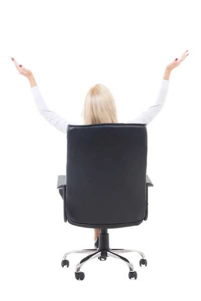 Back view of business woman sitting in office chair and celebrat — Stock Photo, Image
