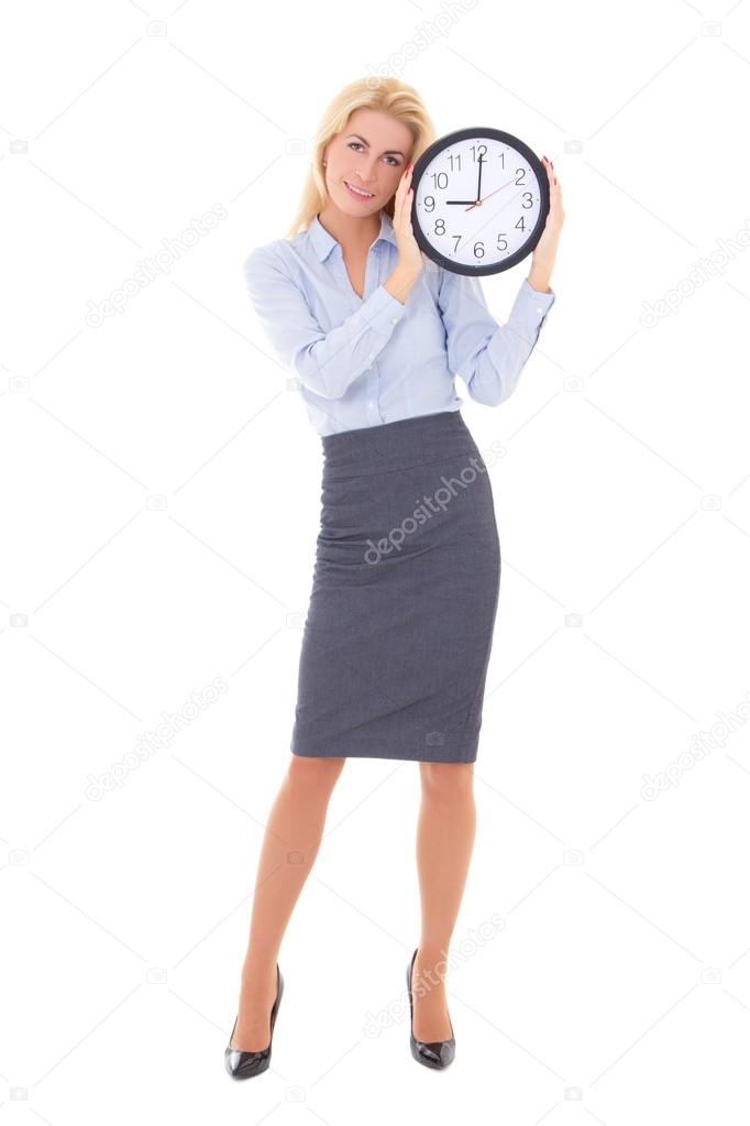 young beautiful woman in business suit holding office clock isol