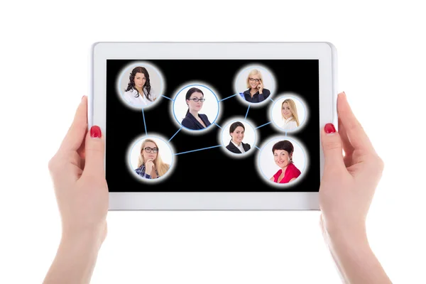 Social network concept - modern tablet pc with people portraits — Stock Photo, Image