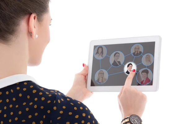 Job search concept - woman pressing icons with people portraits — Stock Photo, Image