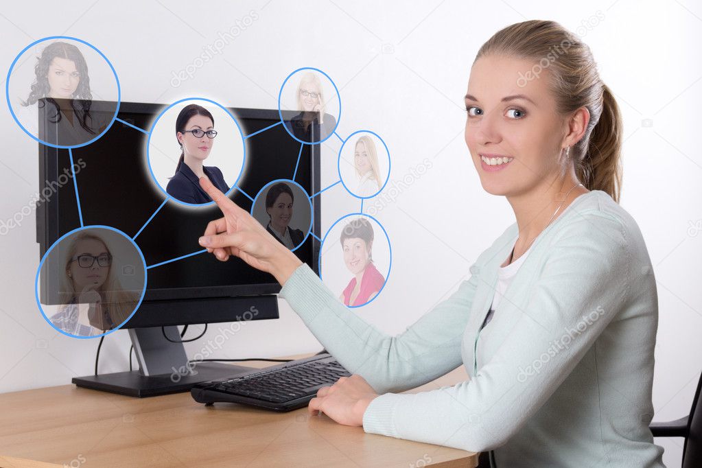 job search concept - woman pressing an imaginary buttons with pe