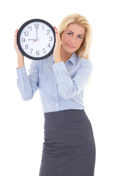 Young beautiful woman in business suit holding office clock Stock Image