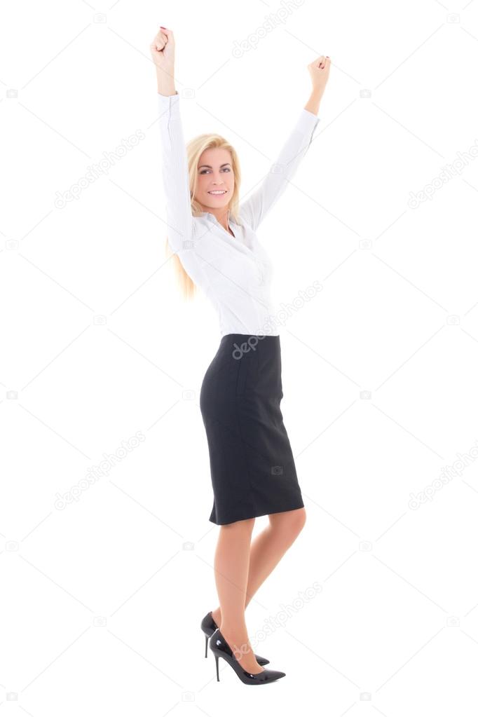 young business woman celebrating success full length isolated on