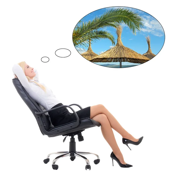 Happy sexy business woman sitting on office chair dreaming about — Stock Photo, Image