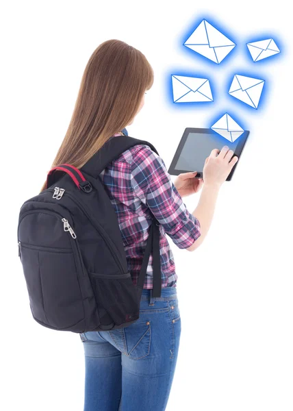 Schoolgirl sending messages with tablet computer isolated on whi — Stock Photo, Image