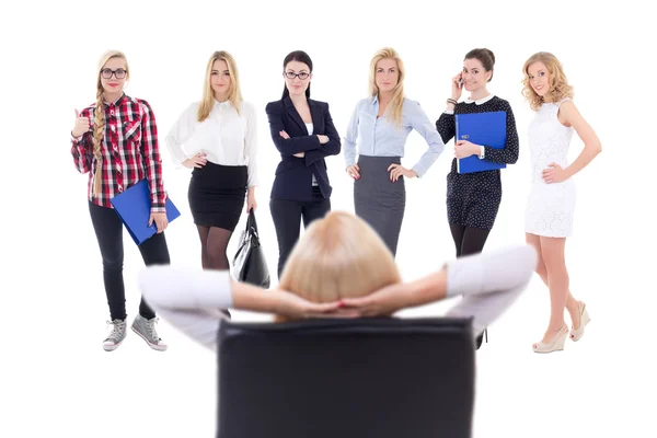 Donna d'affari scegliendo nuovi lavoratori isolati su bianco — Foto Stock