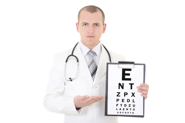 Muž lékař oftalmolog a oční test chart izolovaných na bílém — Stock fotografie