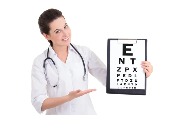 Junge Ärztin Augenarzt und Auge Testform isoliert — Stockfoto