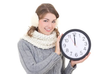 kış giysileri saati ISO ofis tutan mutlu güzel kadın