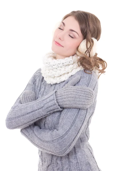 Young beautiful woman in winter clothes dreaming isolated on whi — Stock Photo, Image