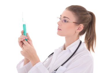 şırınga üzerinde beyaz izole kadın doktor