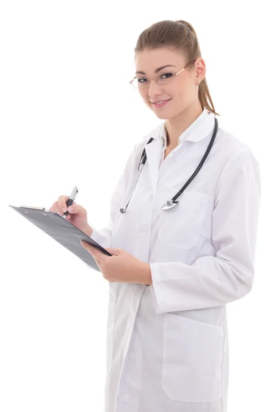 Jeune femme médecin avec document isolé sur blanc — Photo