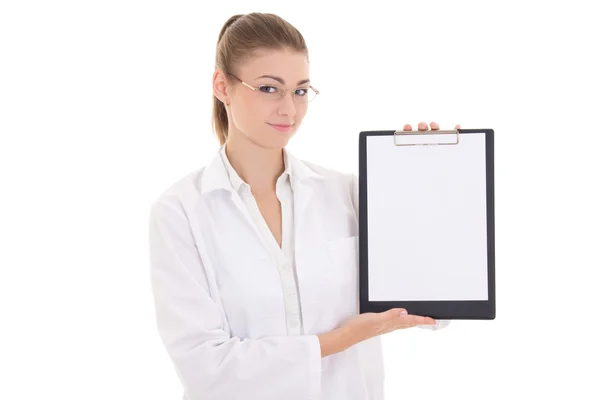 Young woman doctor holding clipboard with copyspace isolated on — Stock Photo, Image