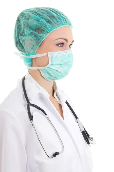 Portret młodego lekarza kobieta w masce chirurga na białym tle na Zielone Świątki — Zdjęcie stockowe