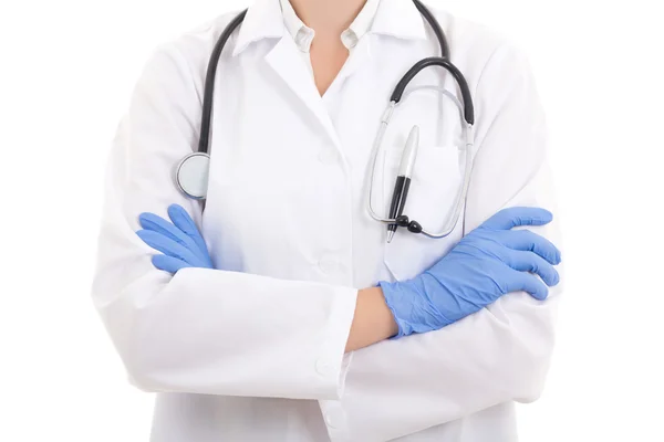 Close-up de um médico uniforme, estetoscópio e luvas de borracha — Fotografia de Stock