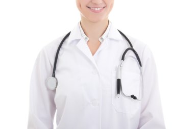 Doktorun üniforma beyaz izole kapatmak