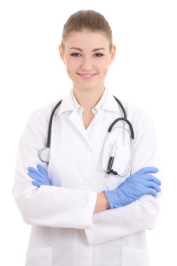 mutlu genç kadın doktor beyaz izole kauçuk eldiven